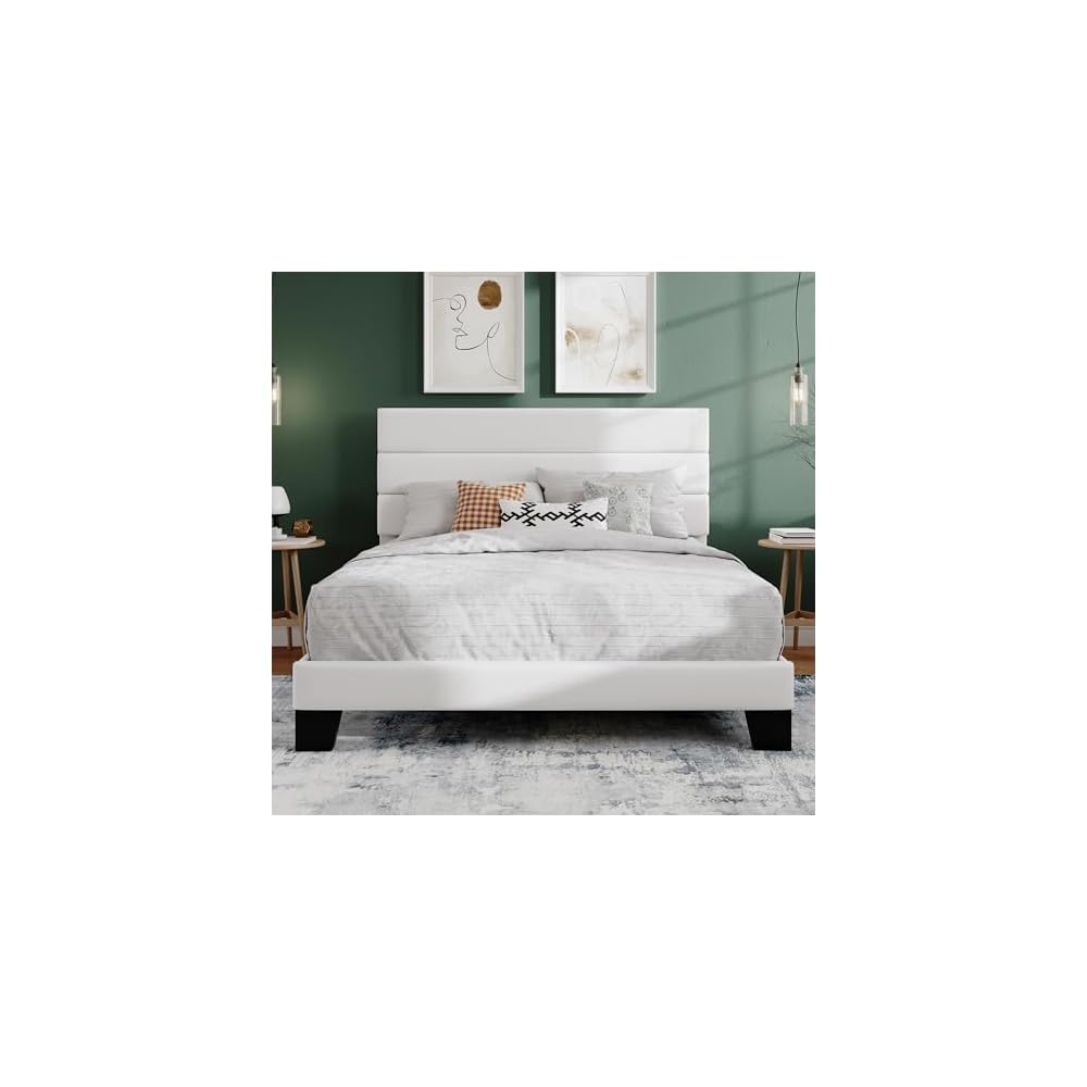 SHA CERLIN Full Platform Bed Frame with Upholstered Velvet Headboard, White