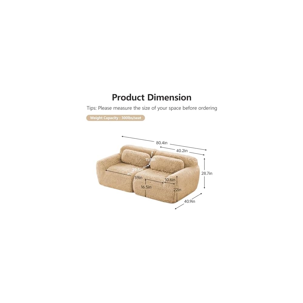 80" Modern Modular Sectional Sofa, Plush Fabric Boneless Couch, Oversized Cloud Sofa for Living Room, No Assembly Required (Light Khaki, Loveseat)