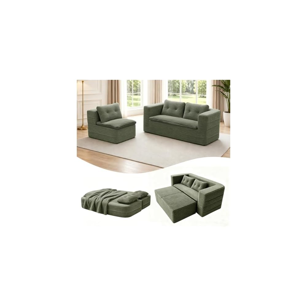 80" Futon Sofa Bed, King Size Corduroy Boneless Couch Bed (Green)