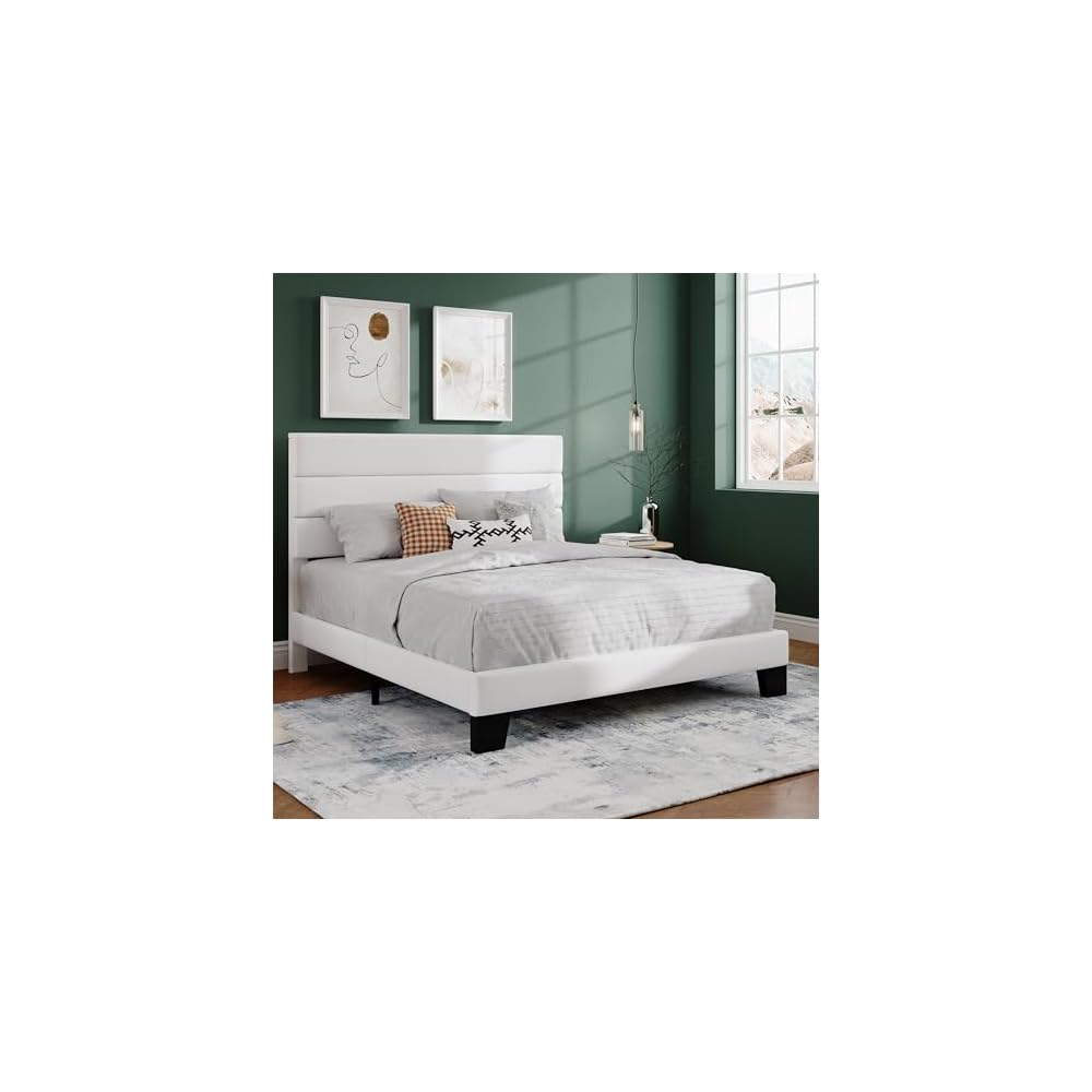 SHA CERLIN Full Platform Bed Frame with Upholstered Velvet Headboard, White