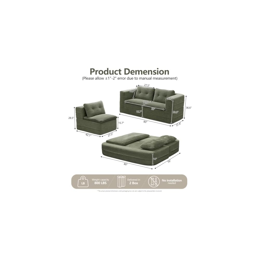 80" Futon Sofa Bed, King Size Corduroy Boneless Couch Bed (Green)