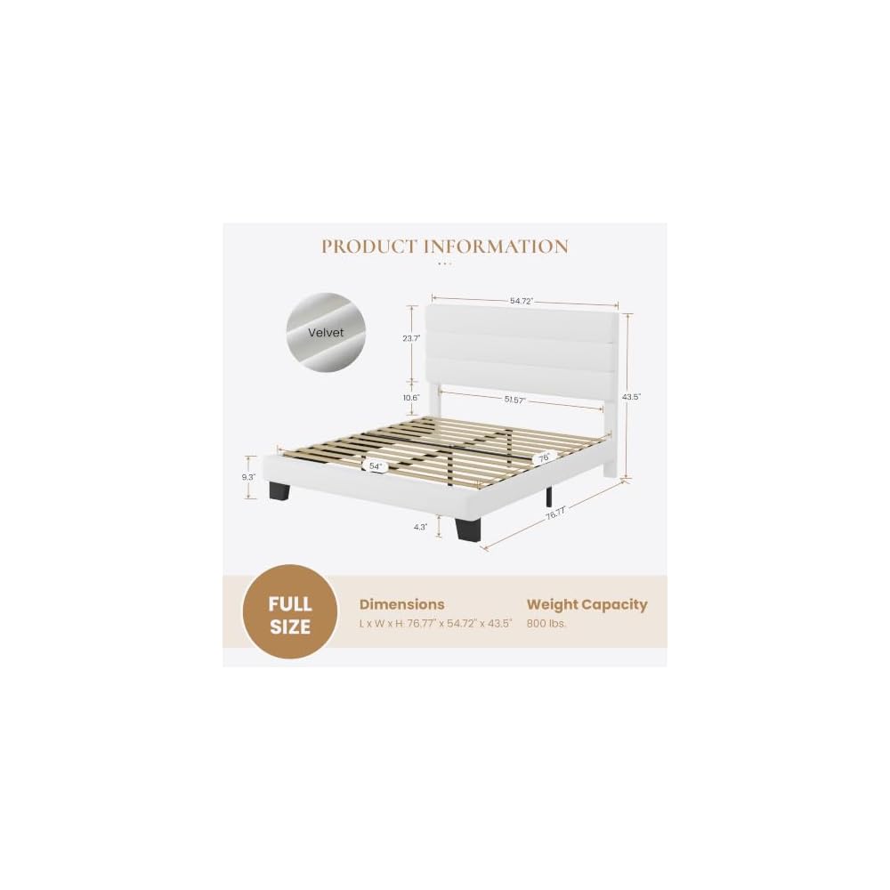 SHA CERLIN Full Platform Bed Frame with Upholstered Velvet Headboard, White