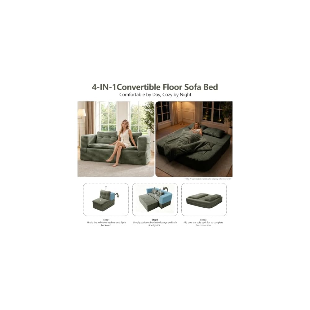 80" Futon Sofa Bed, King Size Corduroy Boneless Couch Bed (Green)