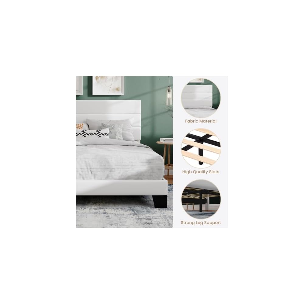 SHA CERLIN Full Platform Bed Frame with Upholstered Velvet Headboard, White