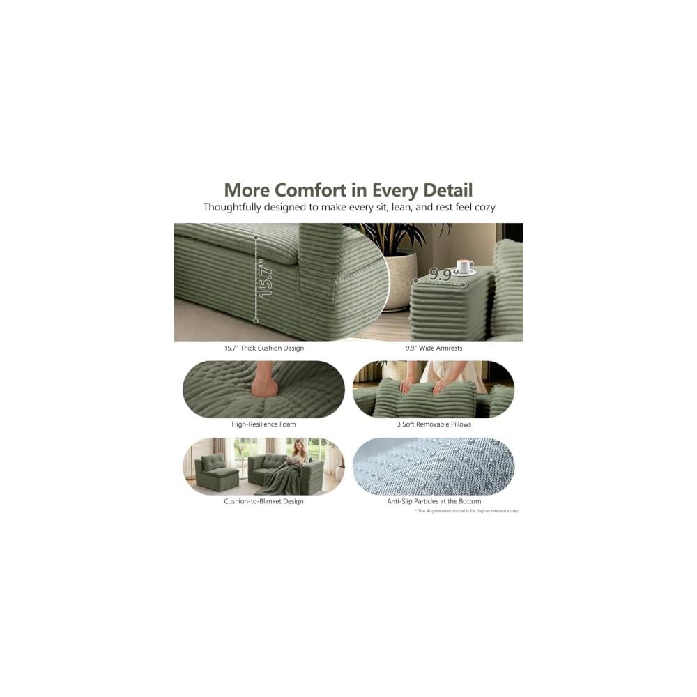 80" Futon Sofa Bed, King Size Corduroy Boneless Couch Bed (Green)