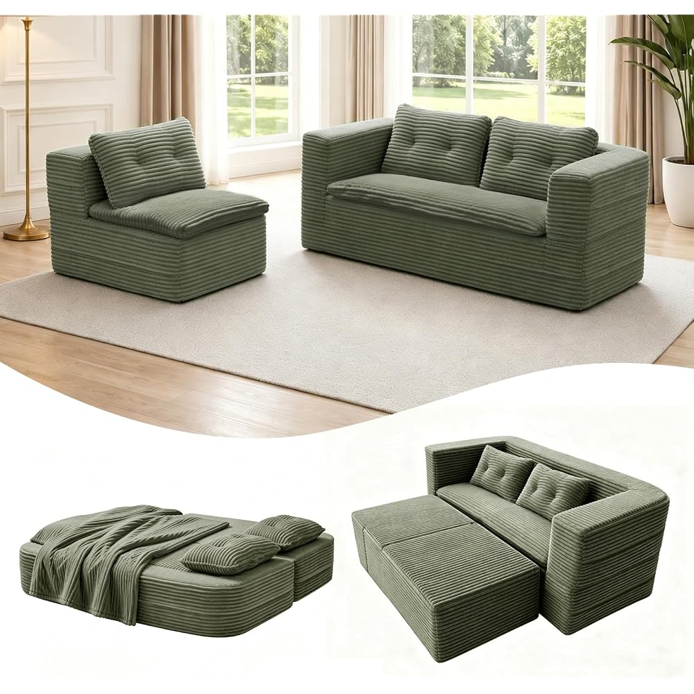 80" Futon Sofa Bed, King Size Corduroy Boneless Couch Bed (Green)