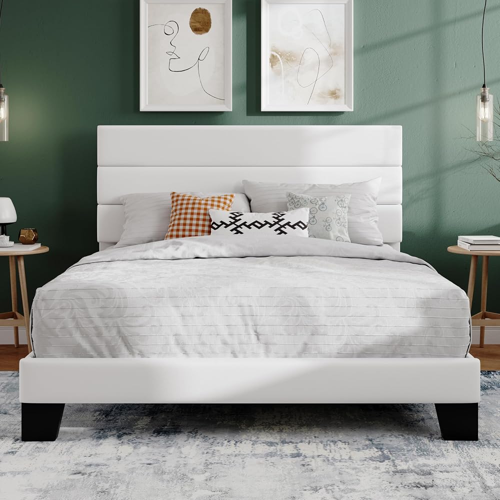 SHA CERLIN Full Platform Bed Frame with Upholstered Velvet Headboard, White